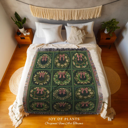 Vintage Christmas Wreath Green Holiday Throw Blanket Rustic Farmhouse Woven Tapestry | Cozy Festive Decor Boho Cottagecore Aesthetic Gift