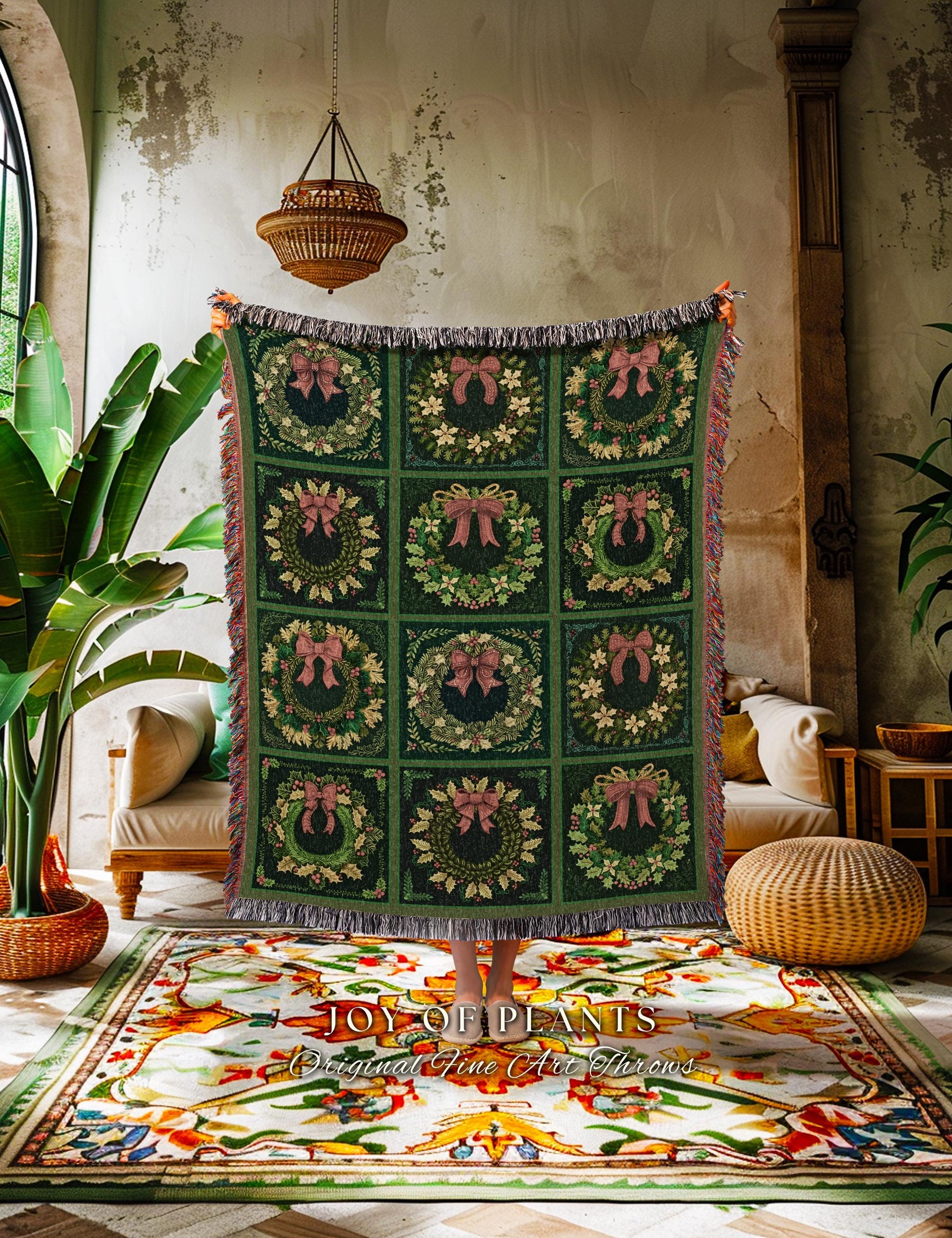 Vintage Christmas Wreath Green Holiday Throw Blanket Rustic Farmhouse Woven Tapestry | Cozy Festive Decor Boho Cottagecore Aesthetic Gift