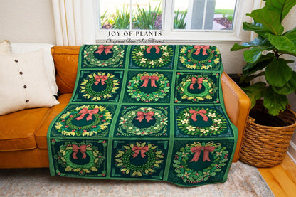 Maximalist Emerald Green Wreath Throw Modern Retro Holiday Decor | Bold Festive Christmas Tapestry Blanket Eclectic Cozy Mid Century Modern