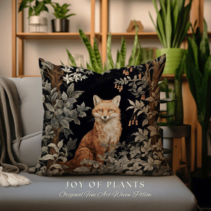 Forestcore Fox Pillow Woven | William Morris Inspired Pillow Woodland Forestcore Decor Pillow Maximalist Home Decor Throw Pillow Botanical |