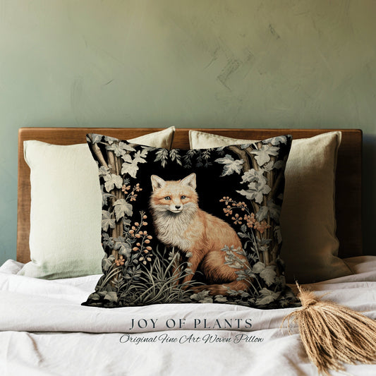 Dark Cottagecore Fox Pillow Forest Woodland Fox Botanical Boho Pillow Woven Dark Academia Decor Whimsigothic Decorative Art Throw Pillow