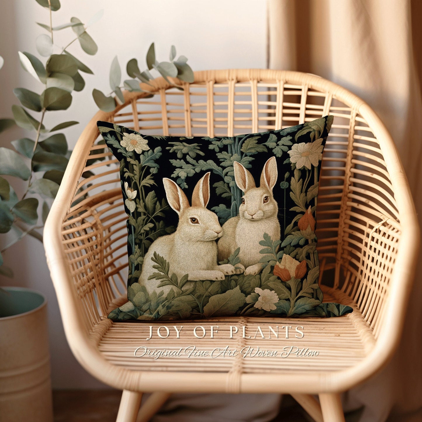 Bunny Rabbit Throw Pillow | Fairycore Woven Accent Pillow Cottagecore Room Decor Bunny Aesthetic Rabbit Cushion Forestcore Botanical Style