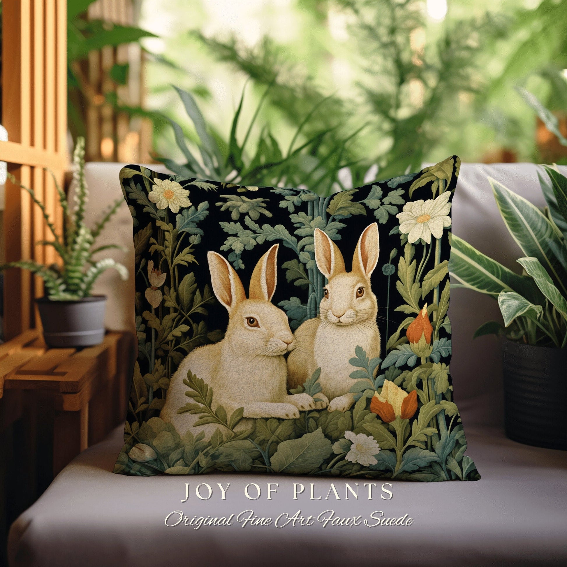 Bunny Rabbit Throw Pillow | Fairycore Woven Accent Pillow Cottagecore Room Decor Bunny Aesthetic Rabbit Cushion Forestcore Botanical Style