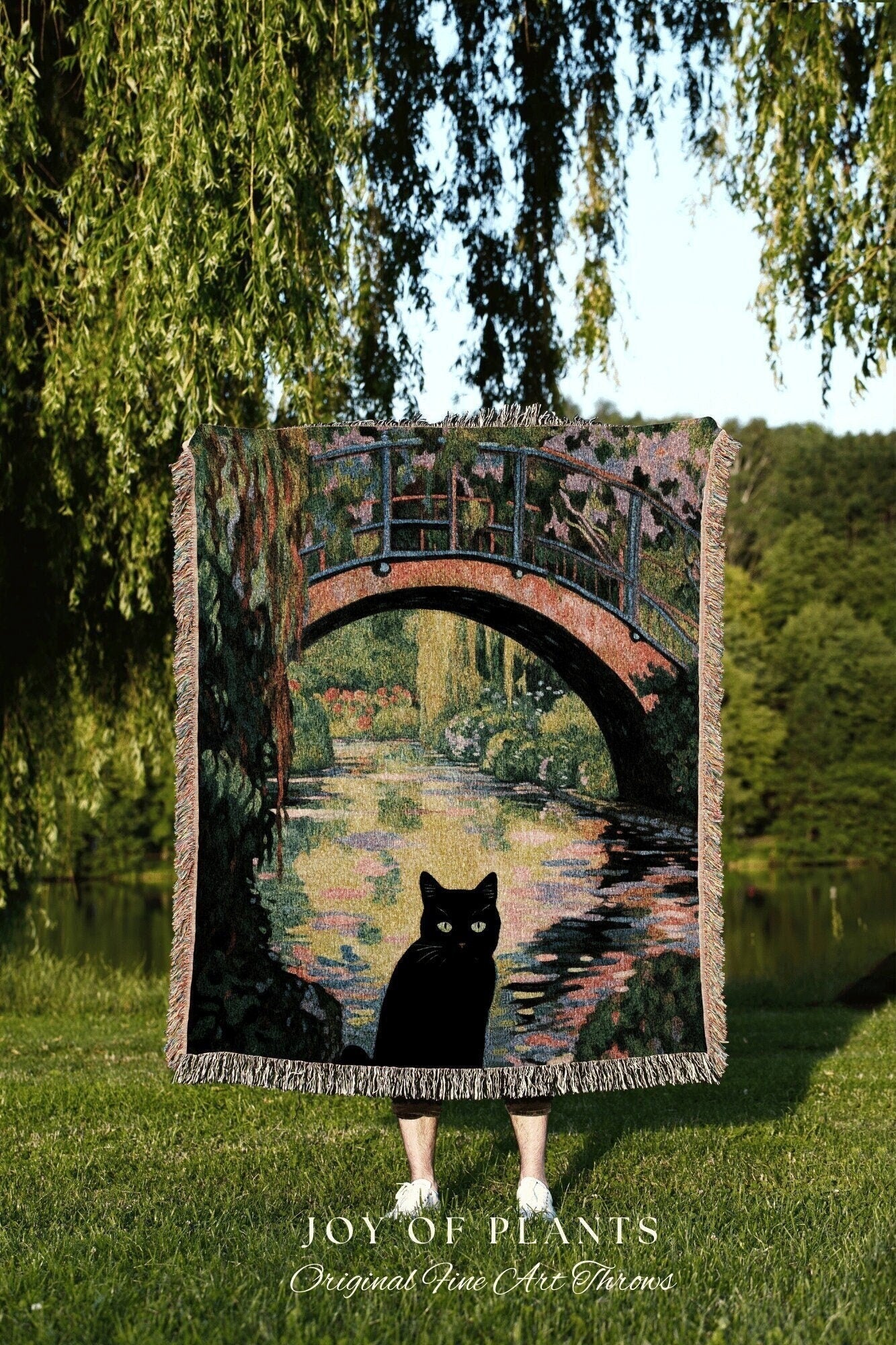 Spooky Cute Cat Blanket Woven Tapestry Claude Monet Bridge Over a Pond of Water Lilies | Art Tapestry Monet Water Lilies Blanket Cat Gift |