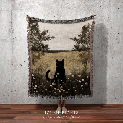 Cat Tapestry Woven Blanket Black Cat Painting Decor Tapestry Black Cat Woven Blanket | Spooky Halloween Cat Moody Landscape Wall Tapestry |