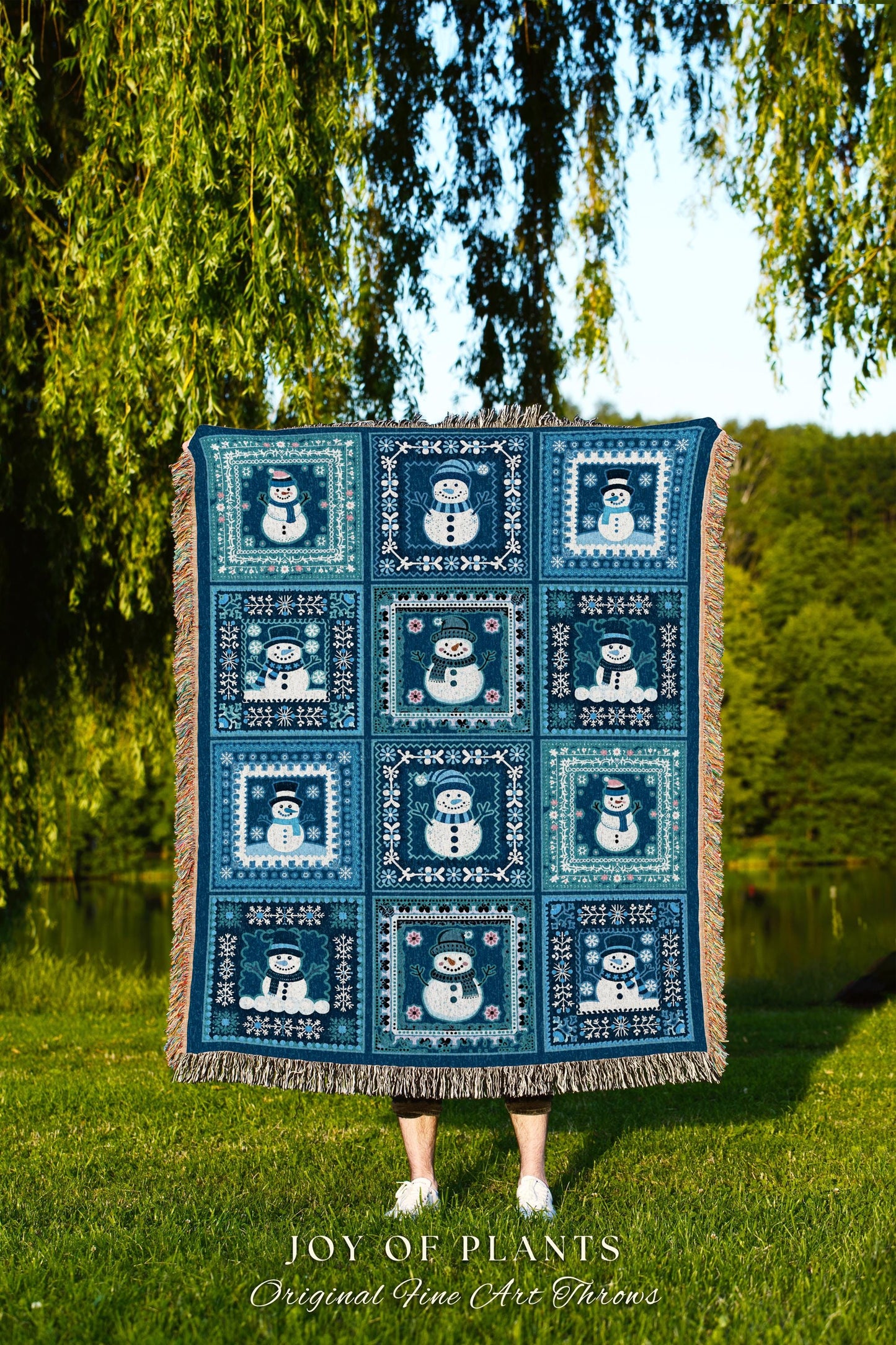 Frosty Snowman Winter Wonderland Tapestry Throw Boho Chic Cozy Hygge Nordic Style Blue Christmas Blanket Scandinavian Folk Art Patchwork