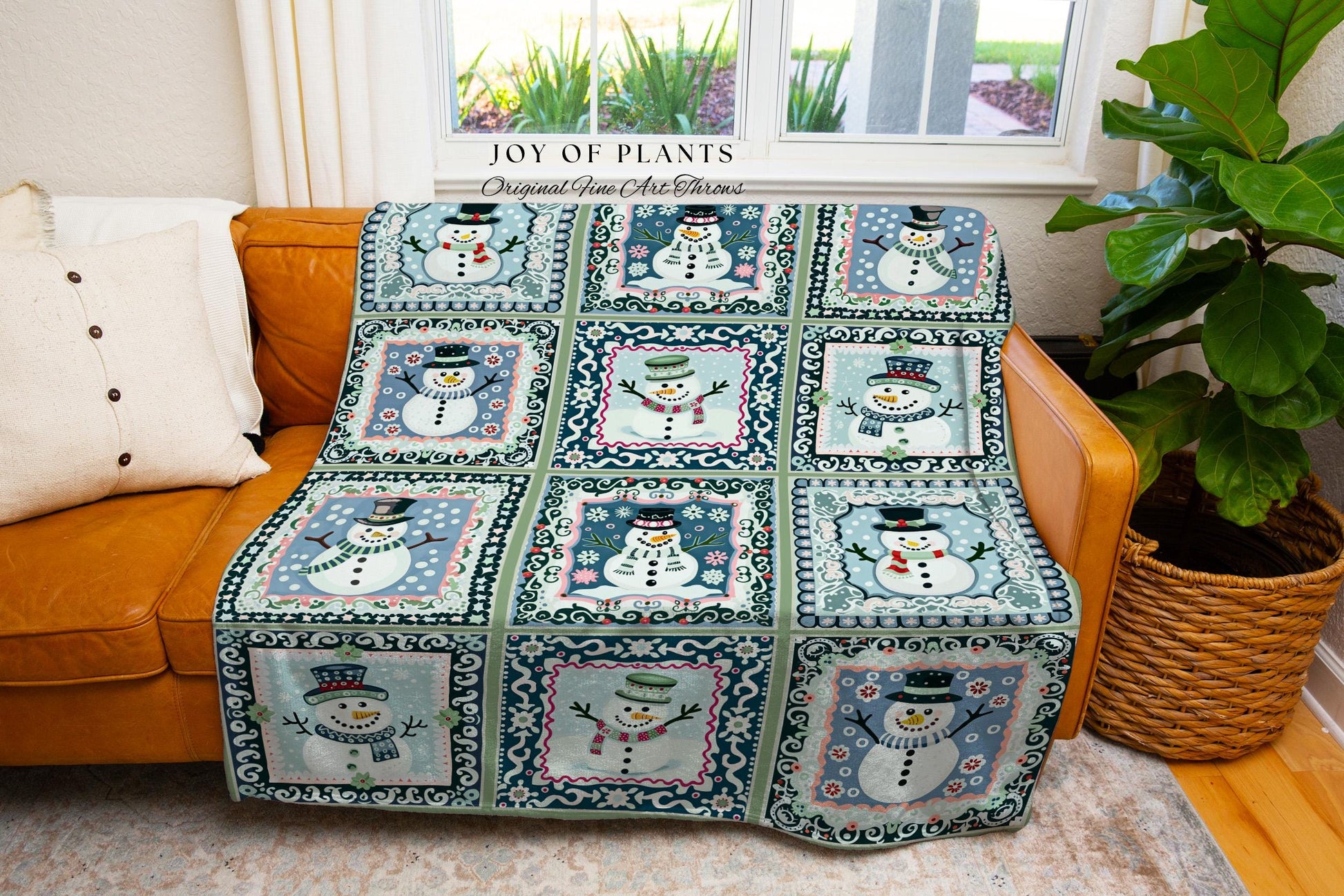 Whimsical Snowman Folk Art Blanket Cozy Boho Blue Cute Winter Tapestry Throw | Festive Holiday Patchwork Retro Cottagecore Christmas Decor