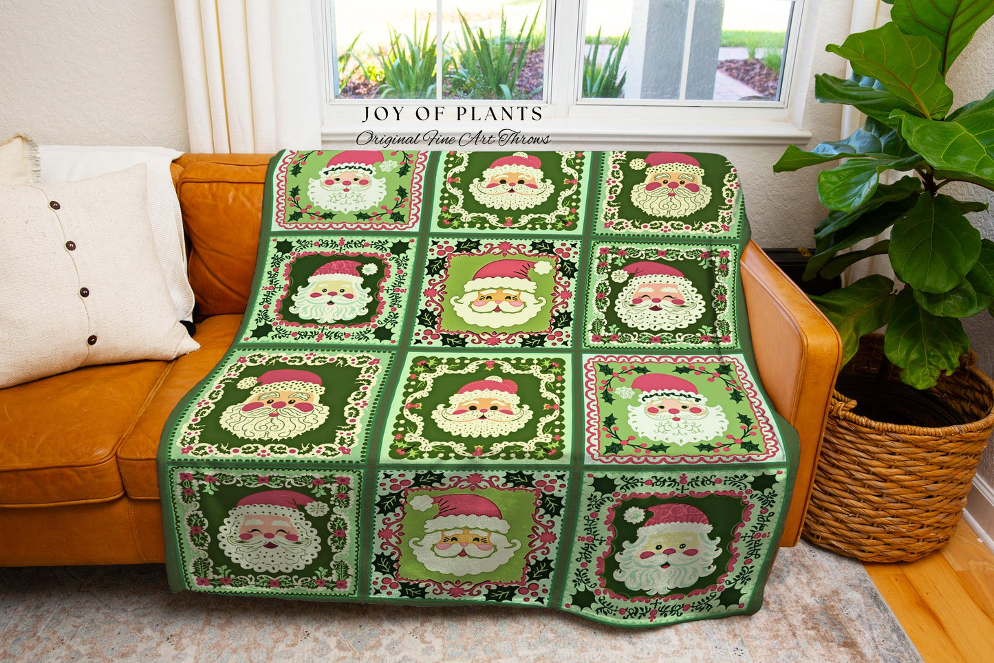 Jolly Santa Patchwork Holiday Blanket Retro Green Christmas Decor | Nostalgic Claus Tapestry Throw Cozy Winter Festive Country Cottage Chic