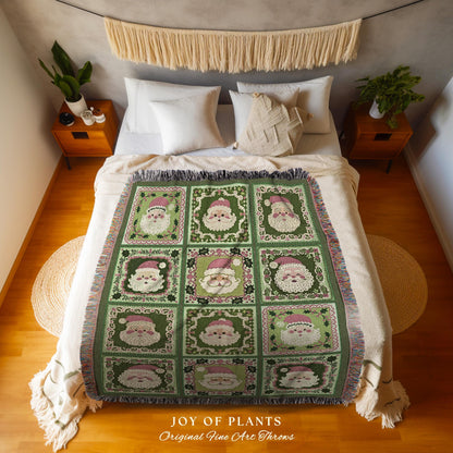 Jolly Santa Patchwork Holiday Blanket Retro Green Christmas Decor | Nostalgic Claus Tapestry Throw Cozy Winter Festive Country Cottage Chic