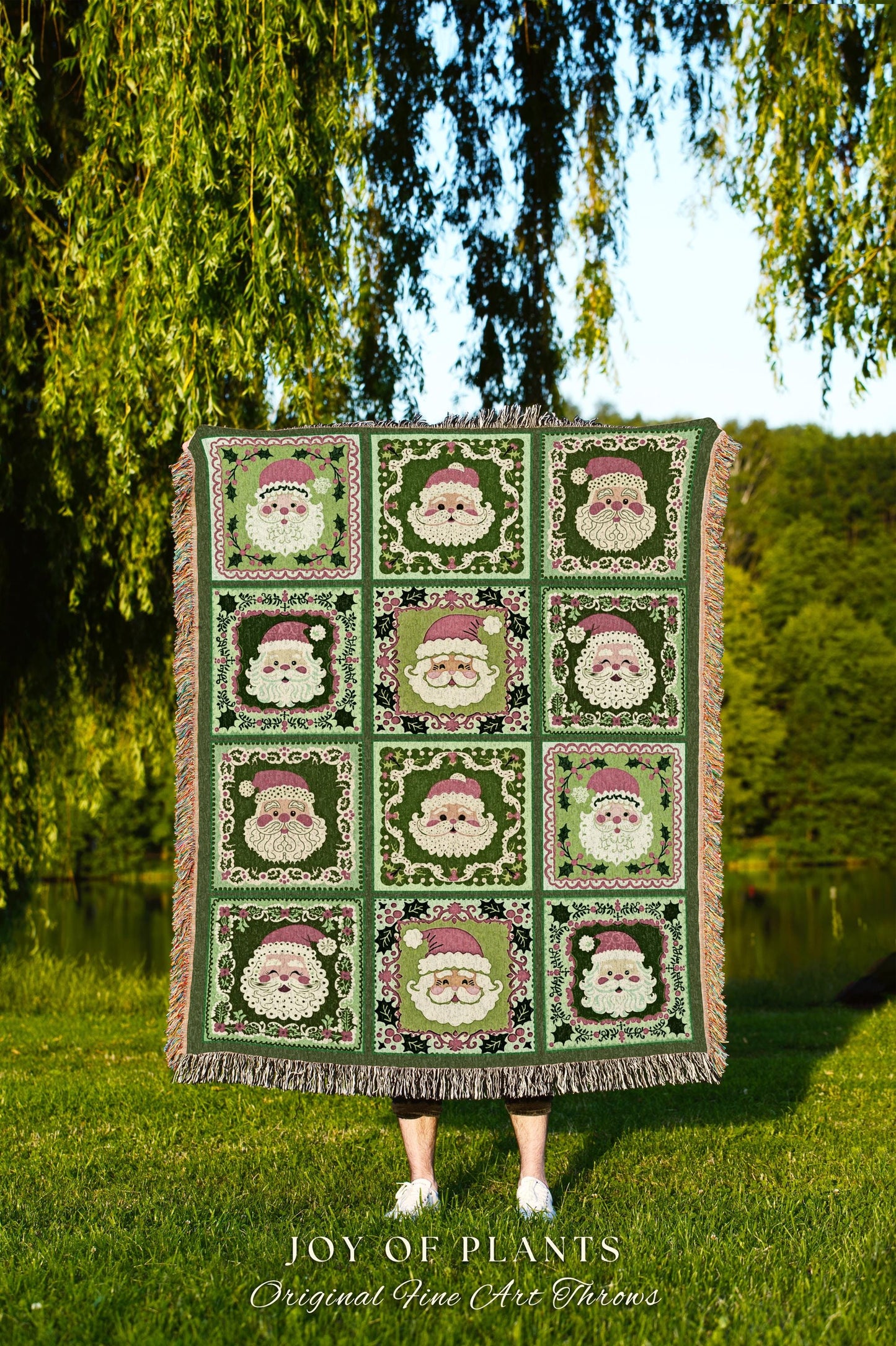 Jolly Santa Patchwork Holiday Blanket Retro Green Christmas Decor | Nostalgic Claus Tapestry Throw Cozy Winter Festive Country Cottage Chic