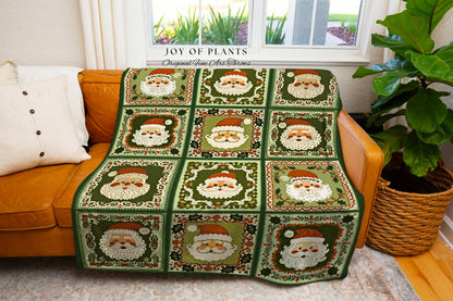 Retro Santa Claus Christmas Blanket Nostalgic Green Patchwork Tapestry Throw | Vintage Holiday Decor Whimsical Cottagecore Cozy Festive Gift