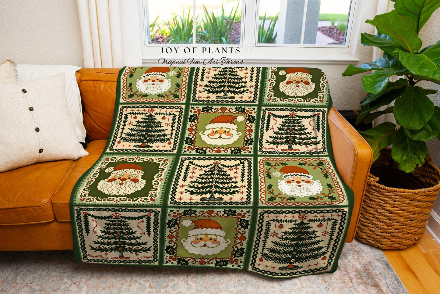 Vintage Christmas Tree Santa Folk Art Checkered Sage Green & Cream Cozy Cottagecore Farmhouse Holiday Tapestry Throw Festive Nostalgic Gift