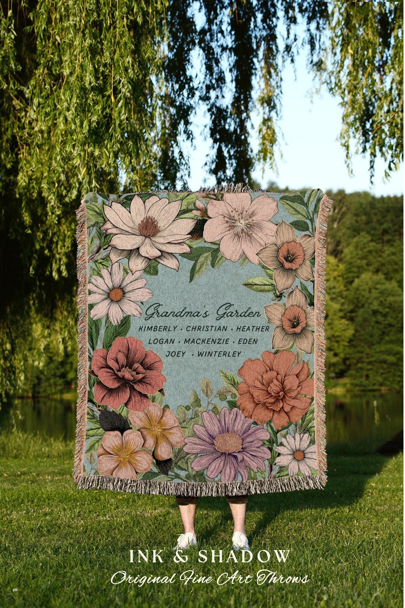 Grandma's Garden Birth Flower Blanket | Gift from Grandkids Custom Family Name Blanket Personalized Birth Month Flower Throw Blanket Gift