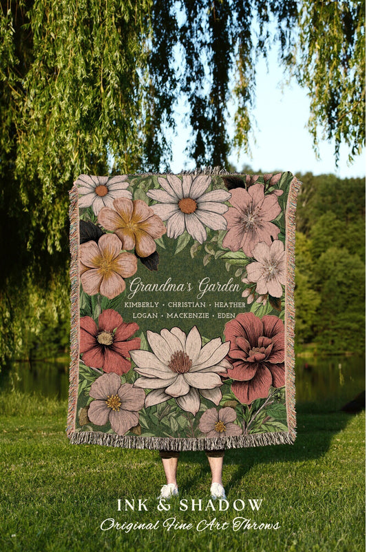 Grandma's Garden Birth Flower Blanket | Gift for Grandparents Custom Family Name Blanket Personalized Birth Month Flower Throw Blanket Woven