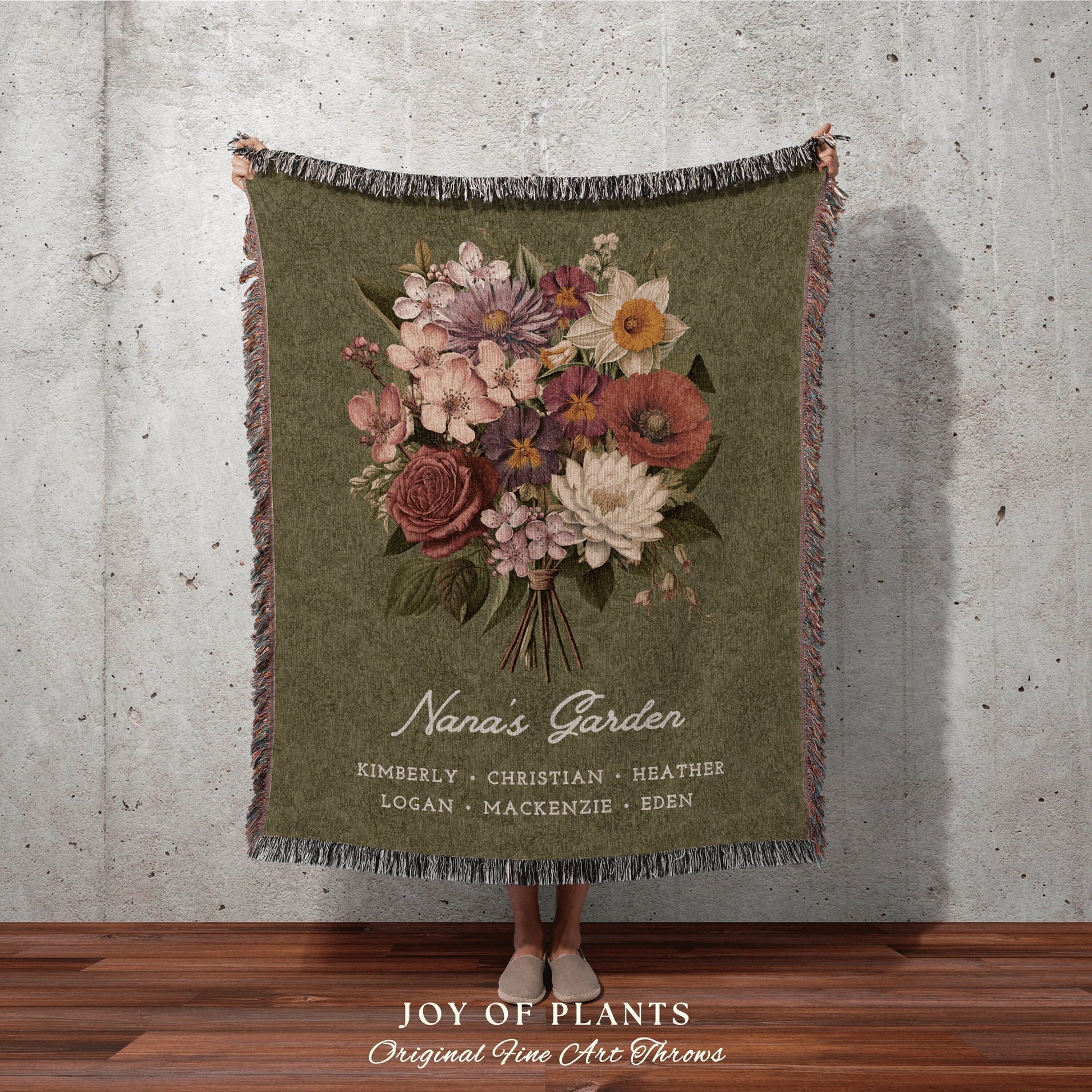 Custom Birth Flower Grandmas Garden Blanket Personalized Family Names Gift Mimi's Garden Birth Month Flower Custom Bouquet Blanket Woven