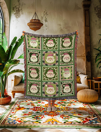 Jolly Santa Patchwork Holiday Blanket Retro Green Christmas Decor | Nostalgic Claus Tapestry Throw Cozy Winter Festive Country Cottage Chic