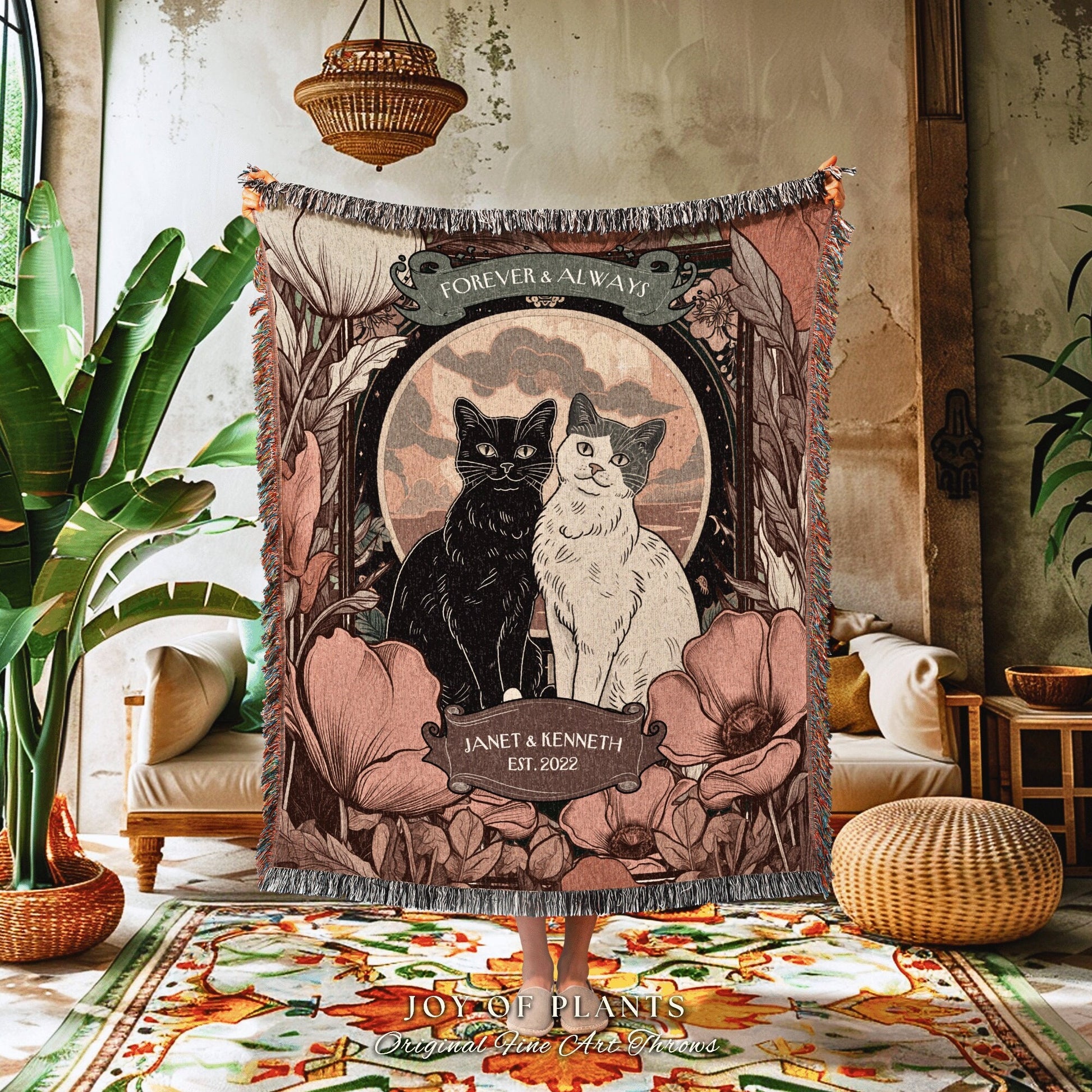 Forever & Always Personalized Couple Blanket | Goth Aesthetic Woven Throw Custom Dating Anniversary Gift for Her Dark Academia Cat Tapestry