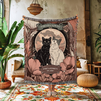 Forever & Always Personalized Couple Blanket | Goth Aesthetic Woven Throw Custom Dating Anniversary Gift for Her Dark Academia Cat Tapestry