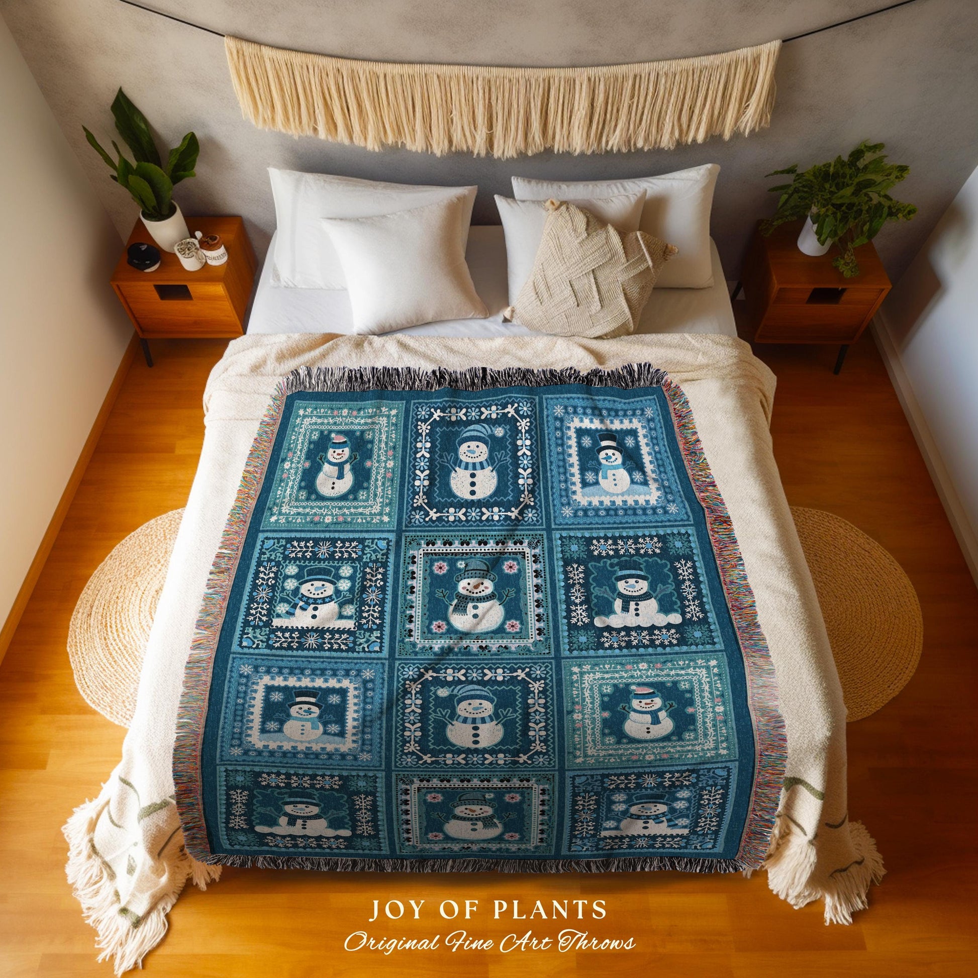 Frosty Snowman Winter Wonderland Tapestry Throw Boho Chic Cozy Hygge Nordic Style Blue Christmas Blanket Scandinavian Folk Art Patchwork