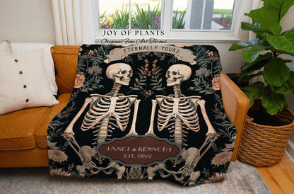 Eternally Yours Skeleton Lover Picnic Blanket | Thoughtful Anniversary Wedding Tapestry Botanical Couple Gift Personalized His & Hers Custom