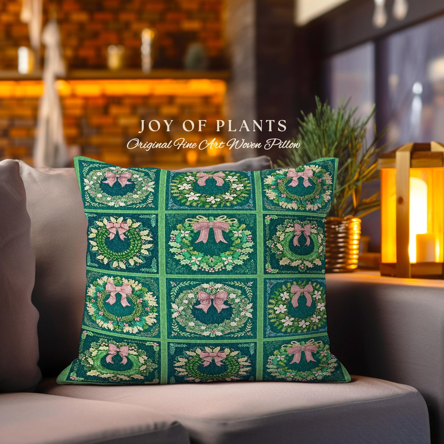 Maximalist Emerald Green Wreath Pillow Modern Retro Holiday Decor | Bold Festive Christmas Tapestry Cushion Eclectic Cozy Mid Century Modern