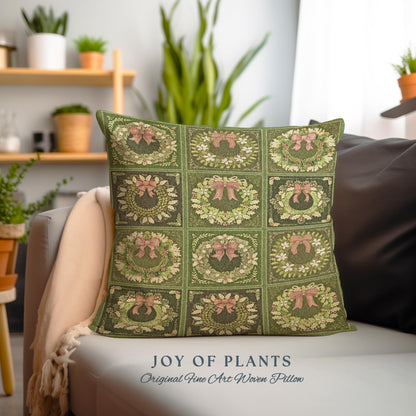 Festive Green Holiday Squares Woven Pillow Rustic Farmhouse Christmas Tapestry Cushion | Vintage Cozy Home Decor Boho Country Cottage X-Mas