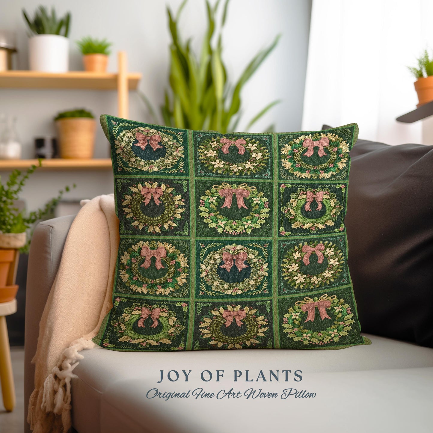 Vintage Christmas Wreath Green Holiday Throw Pillow Rustic Farmhouse Woven Cushion | Cozy Festive Art Decor Boho Cottagecore Aesthetic Gift