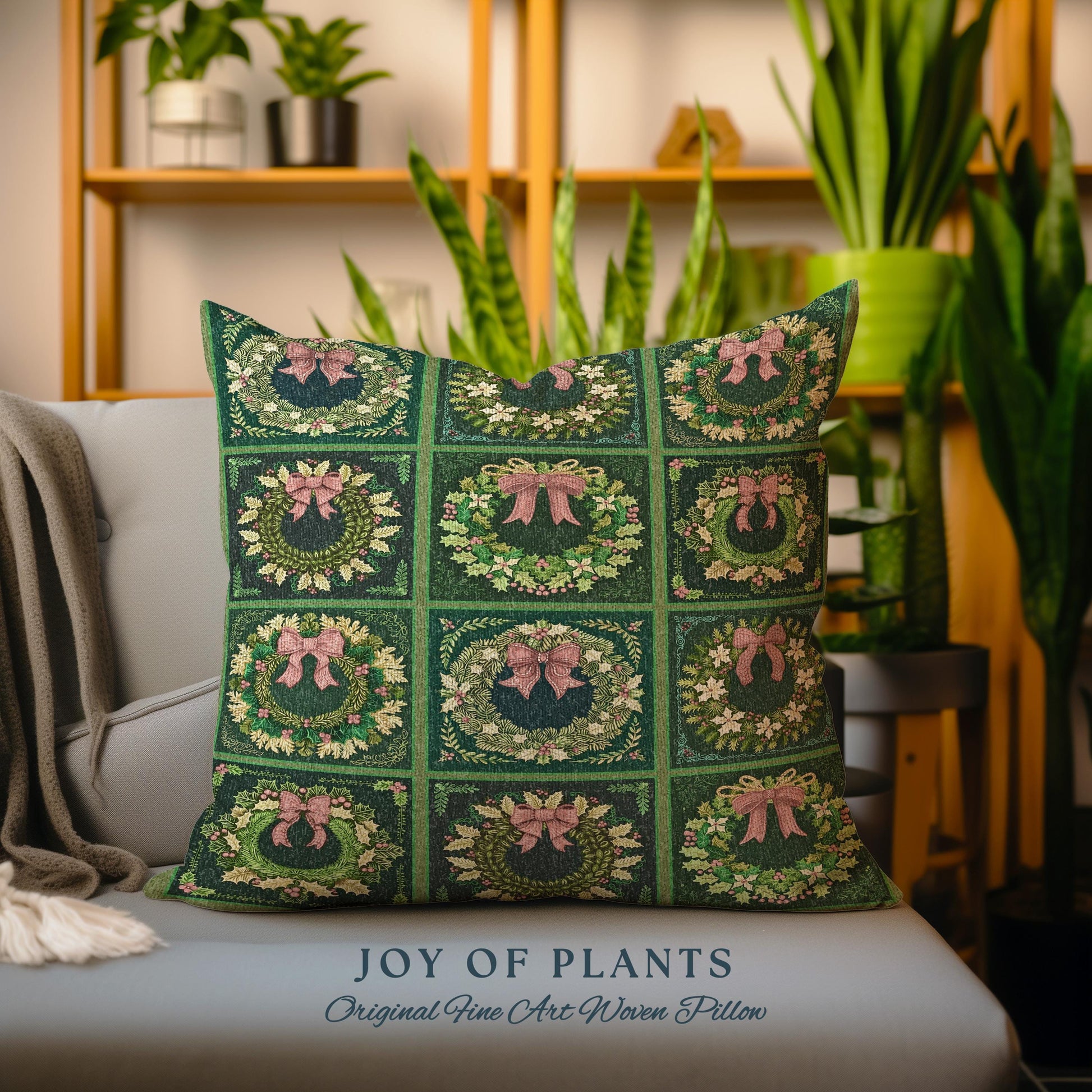 Vintage Christmas Wreath Green Holiday Throw Pillow Rustic Farmhouse Woven Cushion | Cozy Festive Art Decor Boho Cottagecore Aesthetic Gift