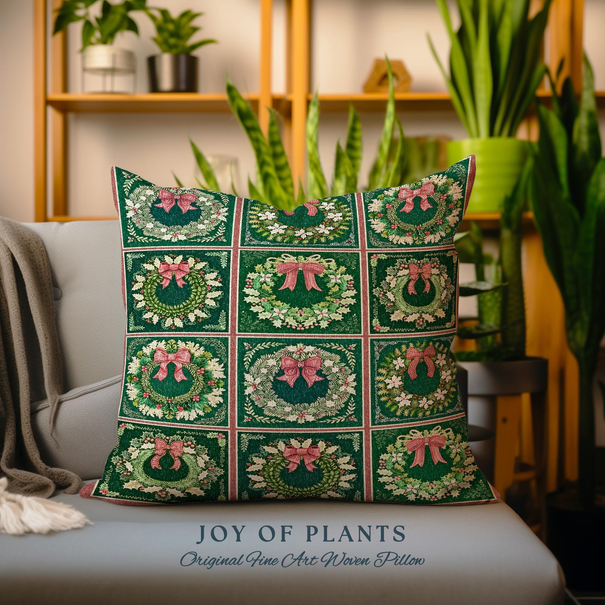 Rustic Green Checkered Pillow Christmas Wreath Woven Farmhouse Holiday Decor, Vintage Aesthetic Woodland Cottagecore Winter Tapestry Cushion