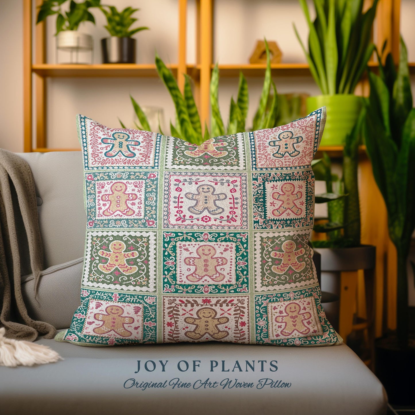 Colorful Scandinavian Gingerbread Pillow Whimsical Boho Cottagecore Decor | Playful Farmhouse Holiday Tapestry Cushion Cozy Retro Christmas