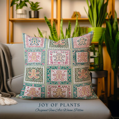 Colorful Scandinavian Gingerbread Pillow Whimsical Boho Cottagecore Decor | Playful Farmhouse Holiday Tapestry Cushion Cozy Retro Christmas