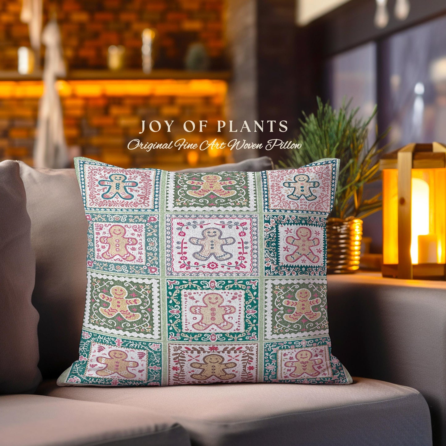 Colorful Scandinavian Gingerbread Pillow Whimsical Boho Cottagecore Decor | Playful Farmhouse Holiday Tapestry Cushion Cozy Retro Christmas