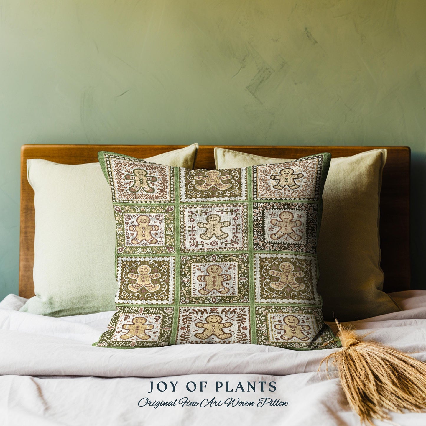 Nordic Sage Green Checker Scandi Gingerbread Christmas Tapestry Pillow | Rustic Farmhouse Cushion Cozy Winter Boho Cottagecore Holiday Decor