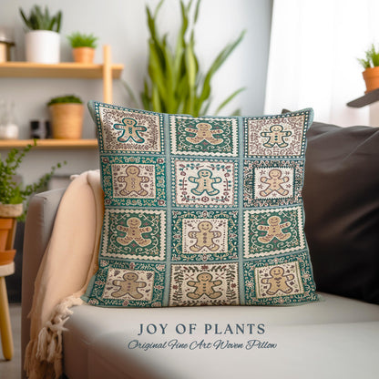 Boho Country Cottage Gingerbread Cookie Pillow Folk Art Christmas Patchwork Tapestry Cushion, Bohemian Whimsigothic Retro Holiday Home Decor