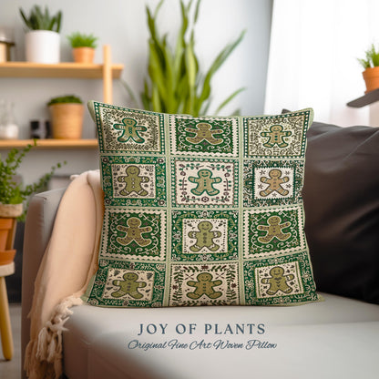 Vintage Folk Art Gingerbread Pillow Retro Forest Green Hygge Holiday Decor | Nordic Cottage Home Scandi Sage Green Festive Tapestry Cushion