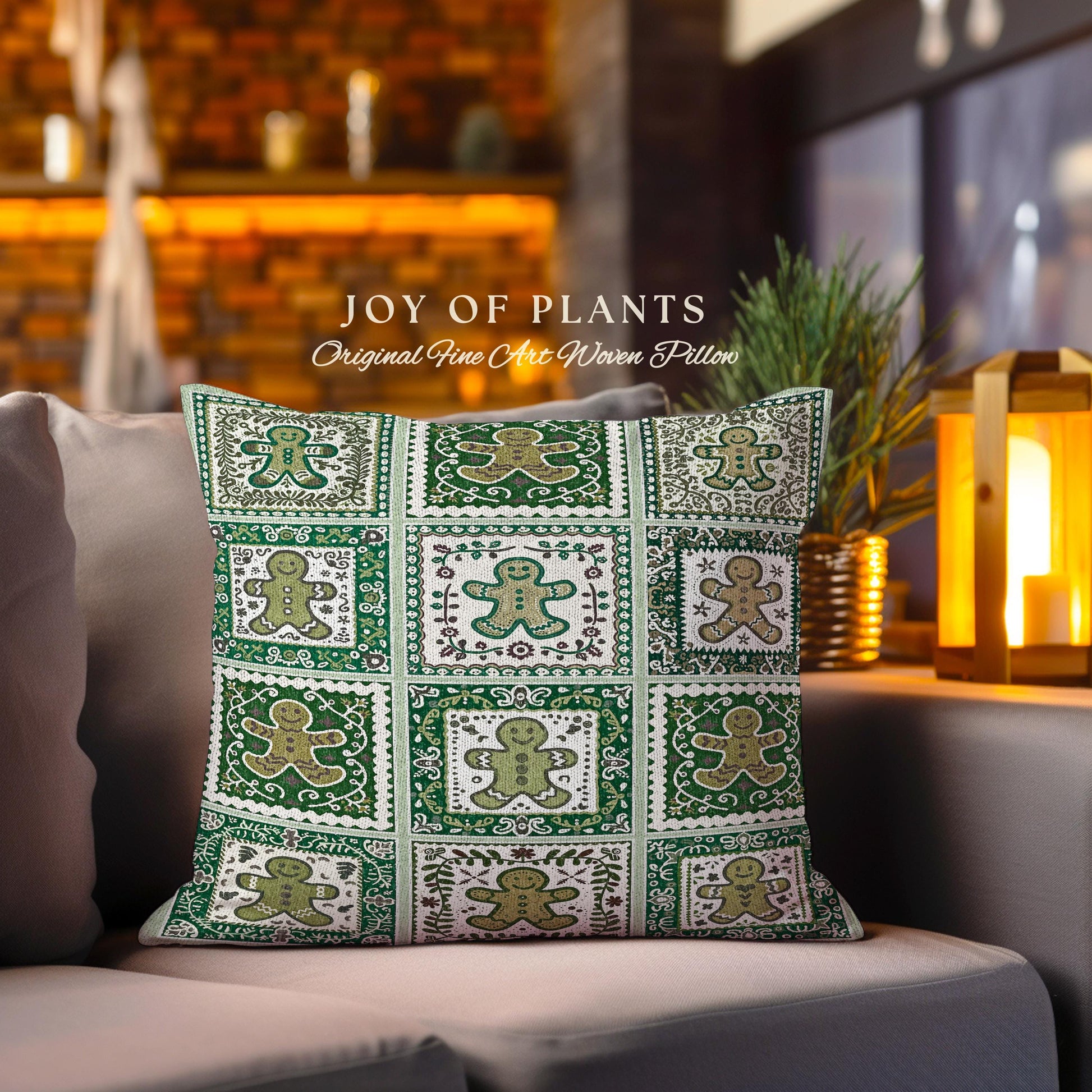 Vintage Folk Art Gingerbread Pillow Retro Forest Green Hygge Holiday Decor | Nordic Cottage Home Scandi Sage Green Festive Tapestry Cushion