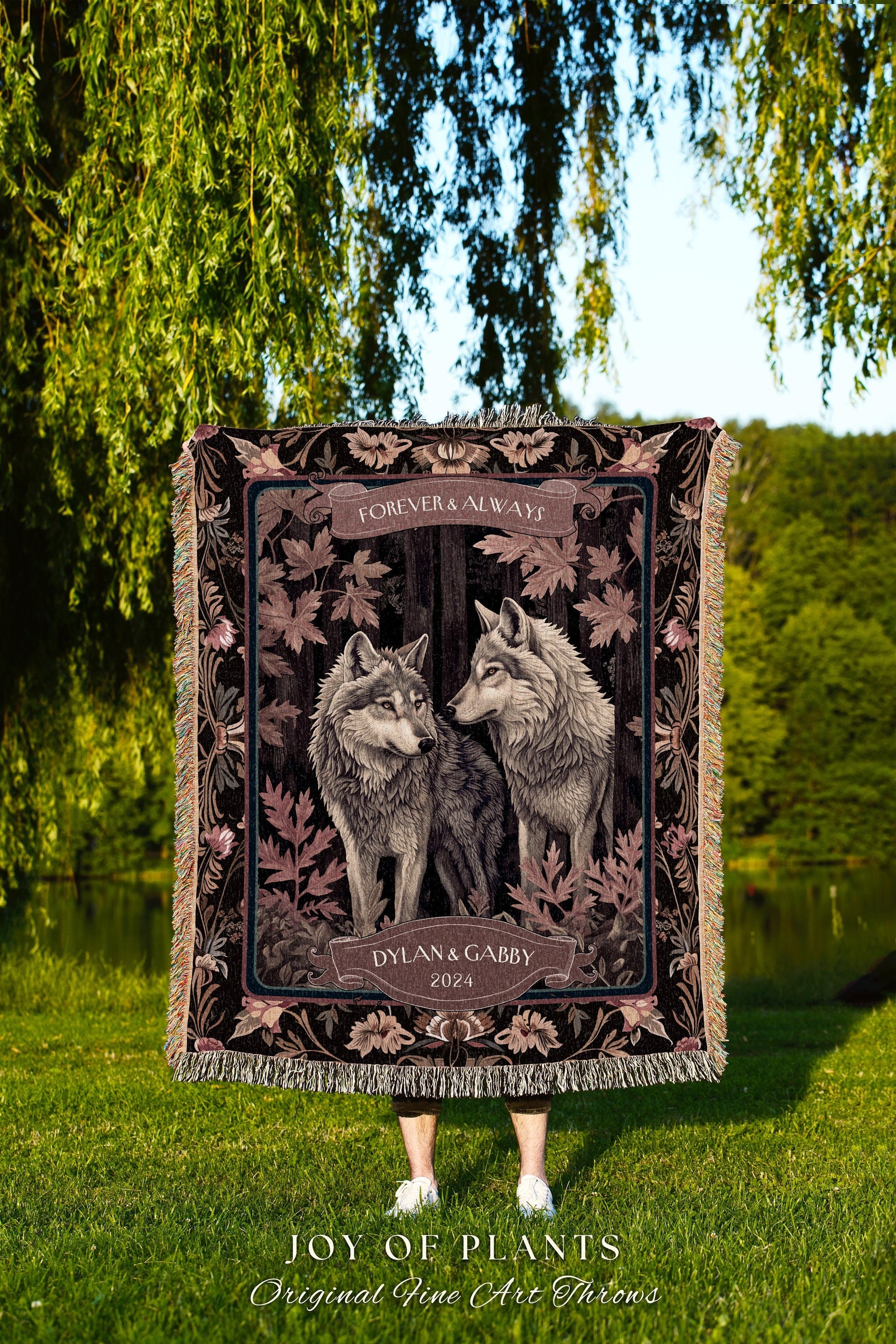 Autumn Wolves Personalized Couples Throw | Custom Anniversary Gift His & Hers Wolf Tapestry Woodland Wedding Unique Couple Gift Idea Cozy |