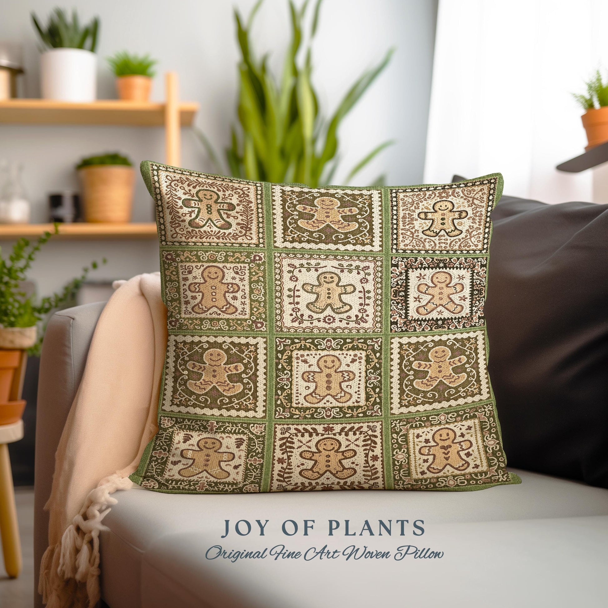 Nordic Sage Green Checker Scandi Gingerbread Christmas Tapestry Pillow | Rustic Farmhouse Cushion Cozy Winter Boho Cottagecore Holiday Decor