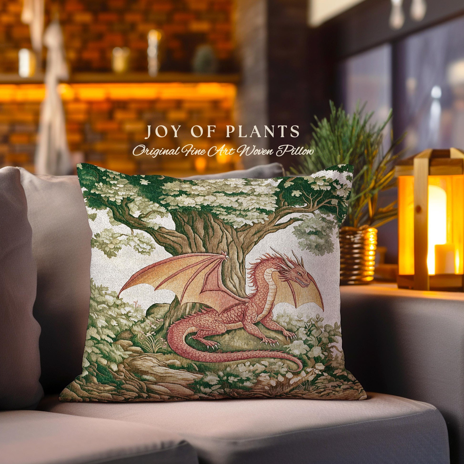 Whimsical Red Dragon Pillow Antique Forest Scene Tapestry Cushion | Light Academia Aesthetic Medieval Inspired Mystical Fantasy Home Decor