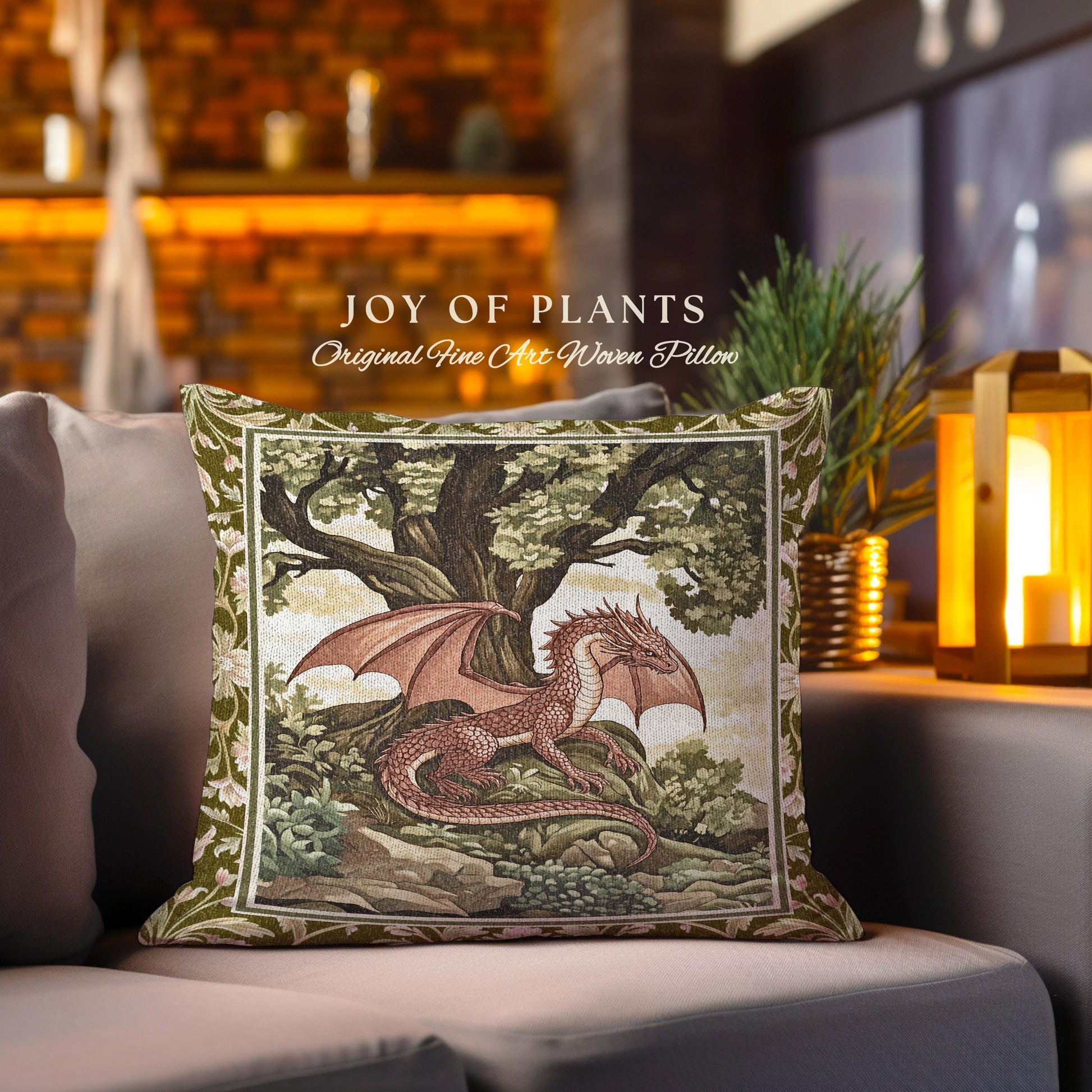 Whimsical Victorian Gothic Red Dragon Pillow Antique Forest Scene Tapestry Cushion | Medieval Inspired Light Academia Mystical Fantasy Decor