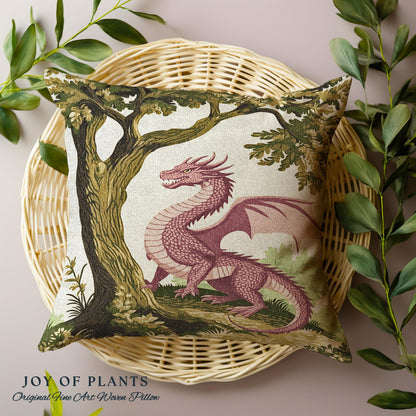 Pastoral Dragon Pillow Light Academia Inspired Woodland Tapestry Cushion | Rustic Folklore Home Decor Cozy Forestcore Medieval Aesthetic Art