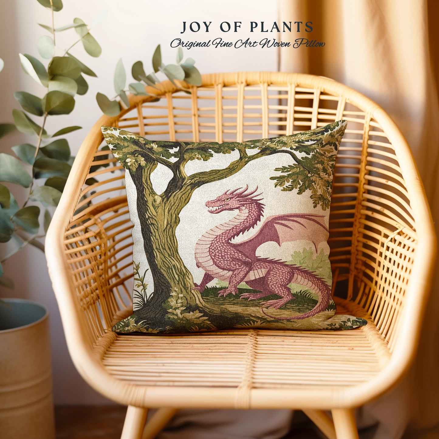 Pastoral Dragon Pillow Light Academia Inspired Woodland Tapestry Cushion | Rustic Folklore Home Decor Cozy Forestcore Medieval Aesthetic Art