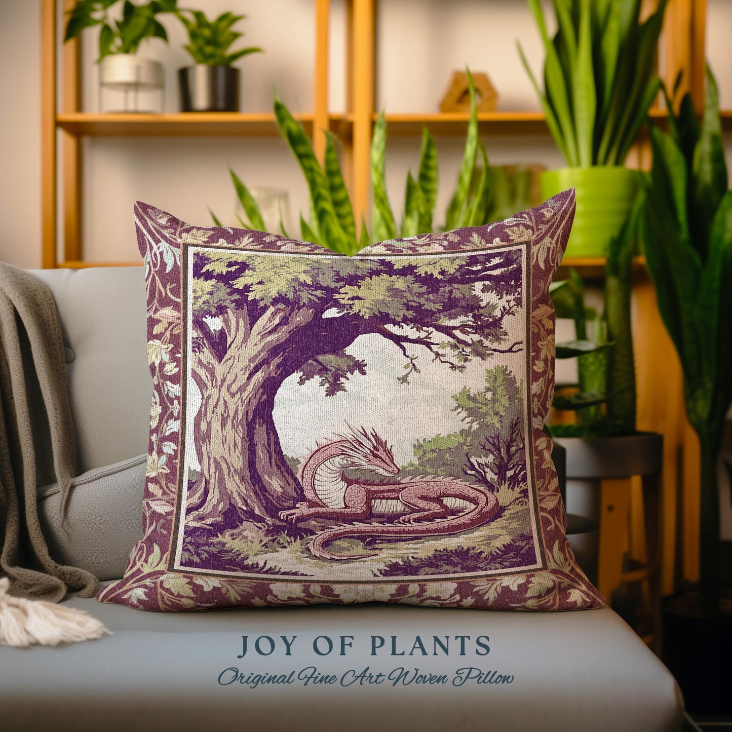 Ethereal Woodland Dragon Pillow Whimsigothic Fantasy Art Nouveau Cushion | Rustic Fairycore Magic Cottagegoth Decor Enchanted Gothic Forest