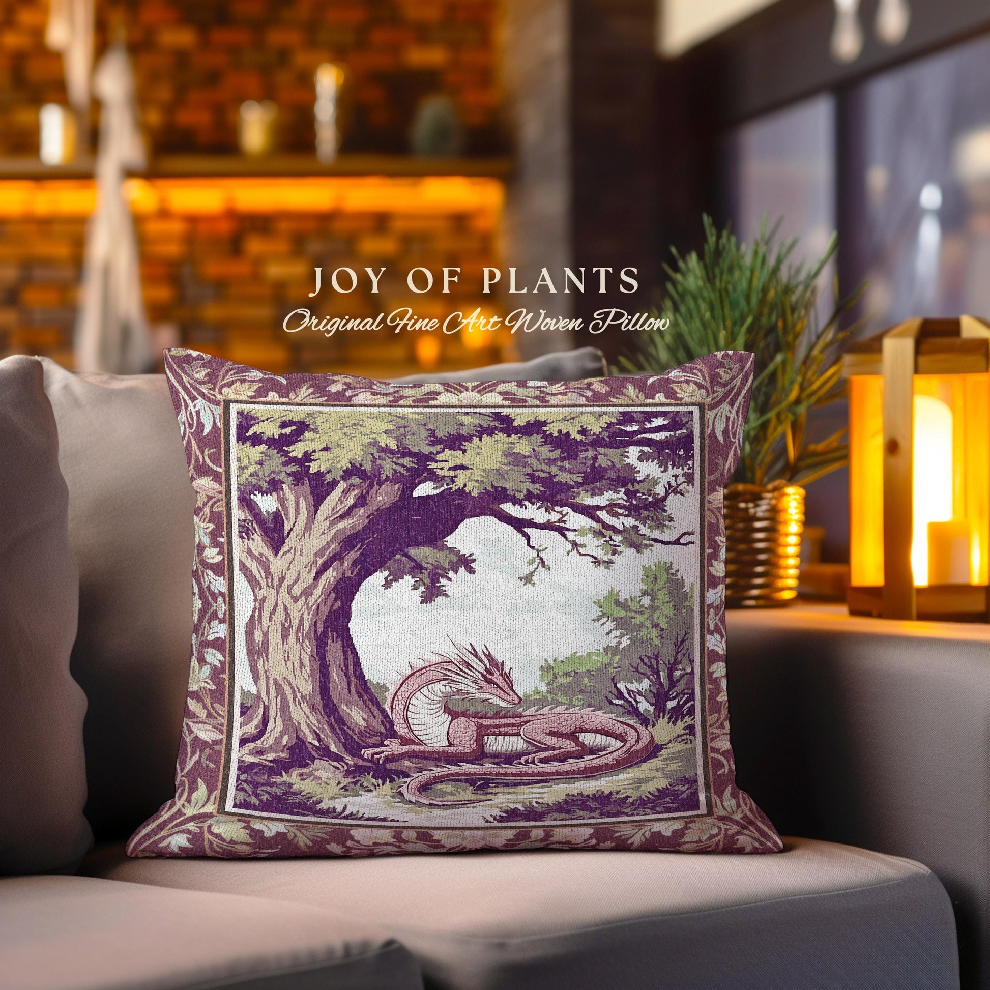 Ethereal Woodland Dragon Pillow Whimsigothic Fantasy Art Nouveau Cushion | Rustic Fairycore Magic Cottagegoth Decor Enchanted Gothic Forest