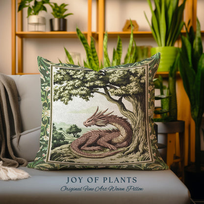 Woodland Dragon Pillow Enchanted Forest Tree Folklore Tapestry Cushion | Mystical Medieval Aesthetic Sage Green Accent Rustic Fantasy Home