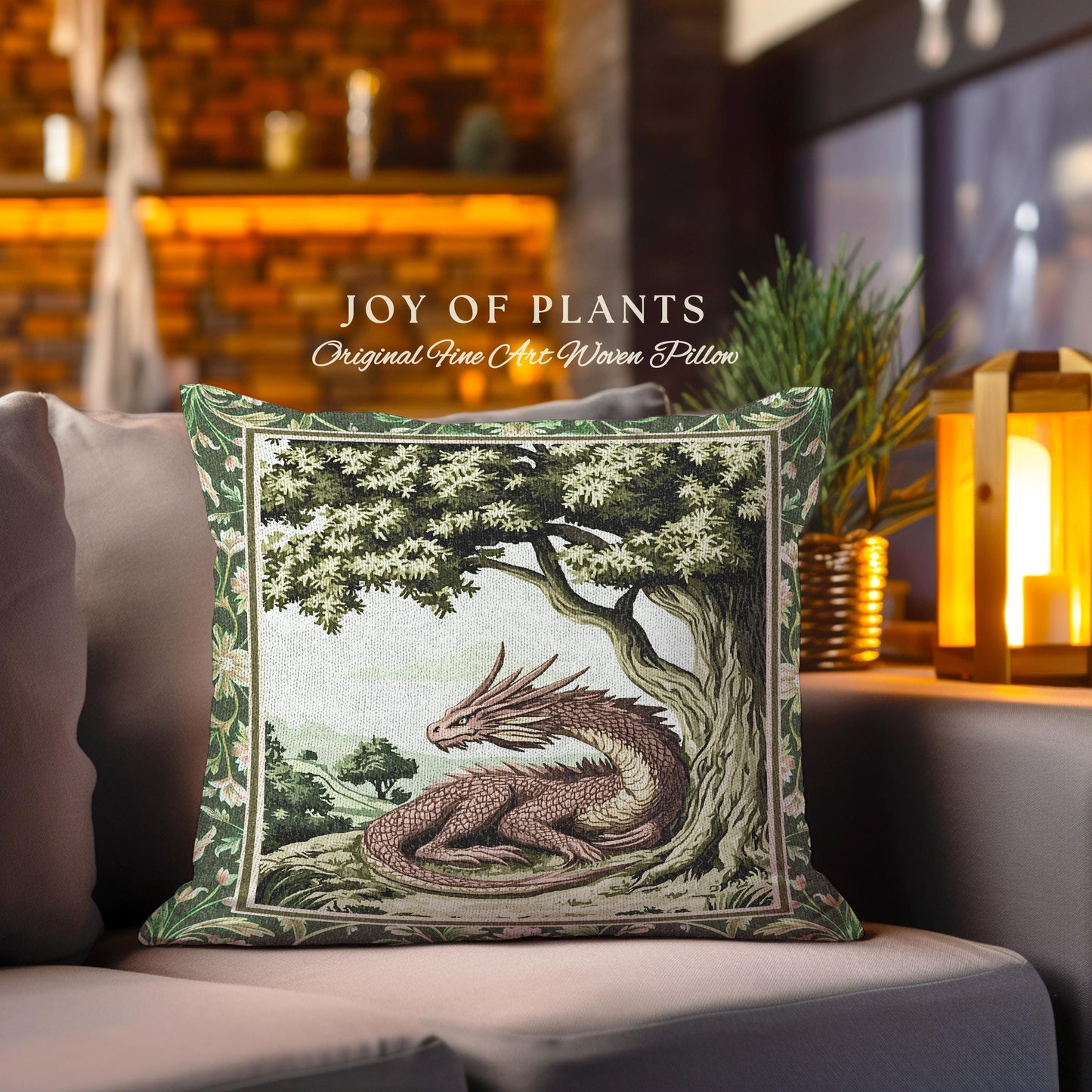 Woodland Dragon Pillow Enchanted Forest Tree Folklore Tapestry Cushion | Mystical Medieval Aesthetic Sage Green Accent Rustic Fantasy Home