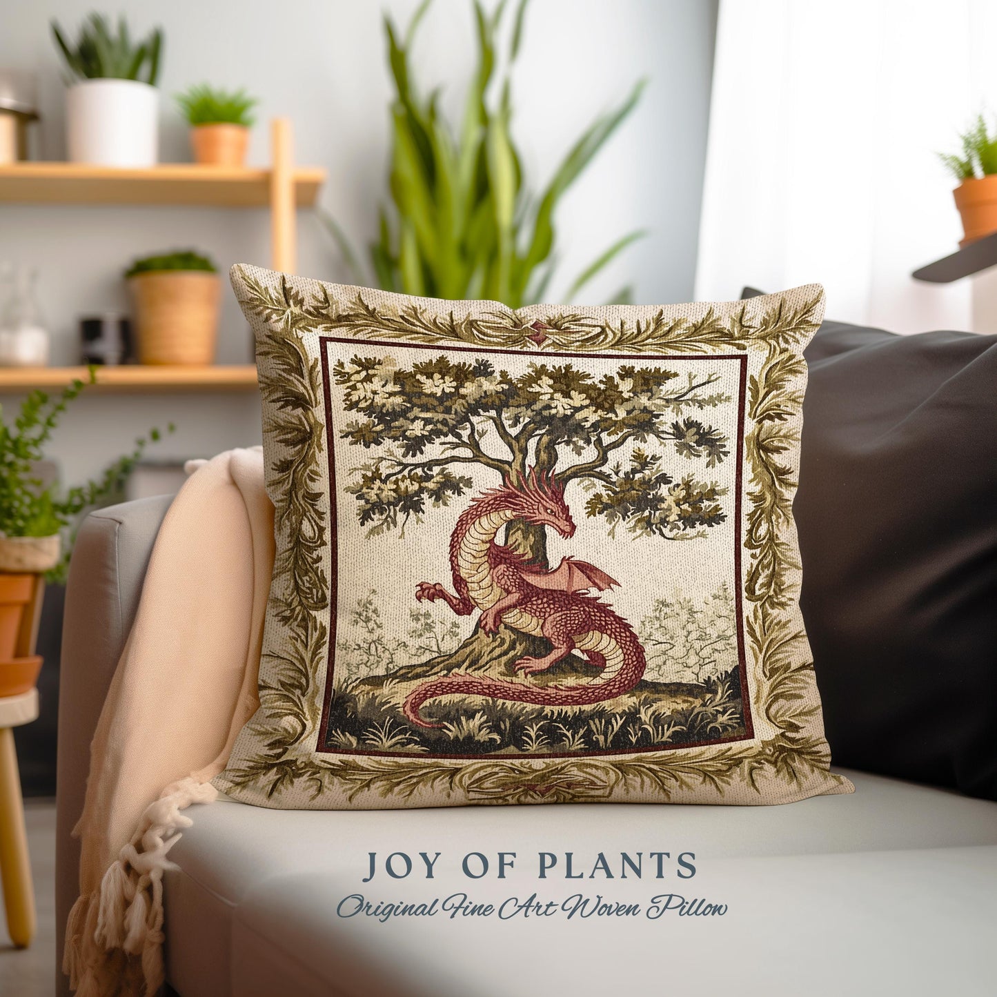 Light Academia Dragon Pillow Whimsical Woodland Goblincore Tapestry Cushion | Magical Mythical Creature Decor Cozy Rustic Whimsigothic Home