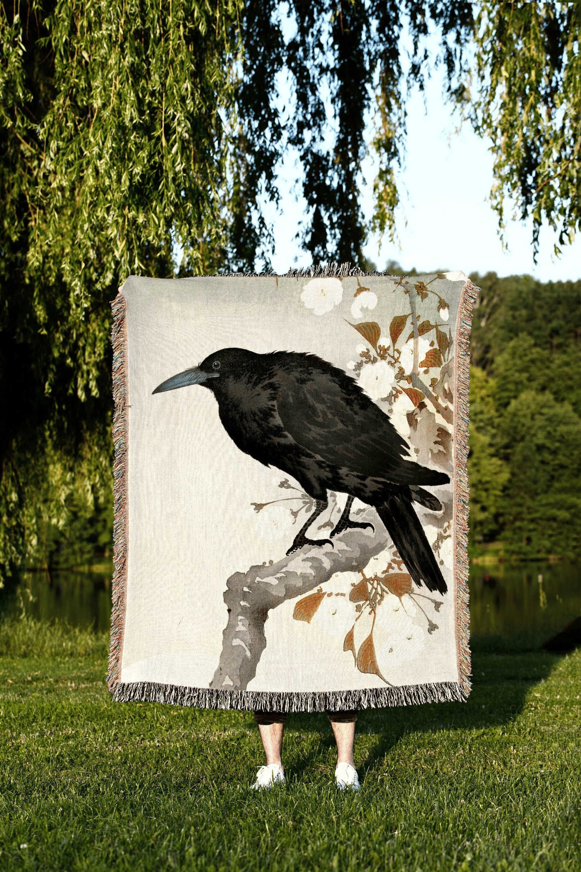 Crow Painting Vintage Woven Blanket | Japanese Art Print | Ohara Koson Art Print | Custom Woven Throw Blanket | Woven Tapestry Japanese Art