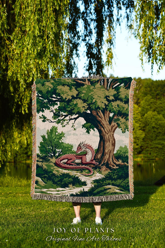 Enchanted Red Dragon Blanket Mystical Forest Scene Tapestry Throw | Fantasy Medieval Decor Cozy Home Accent Crushed Velvet Whimsical Bedding