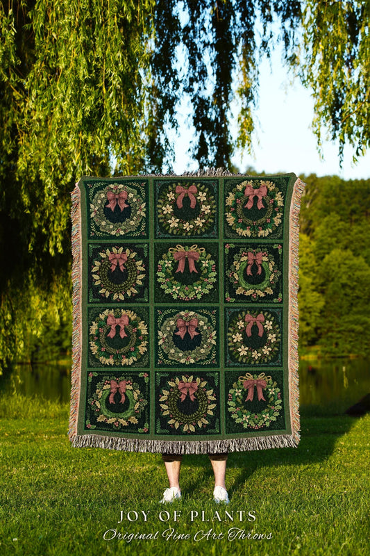 Vintage Christmas Wreath Green Holiday Throw Blanket Rustic Farmhouse Woven Tapestry | Cozy Festive Decor Boho Cottagecore Aesthetic Gift